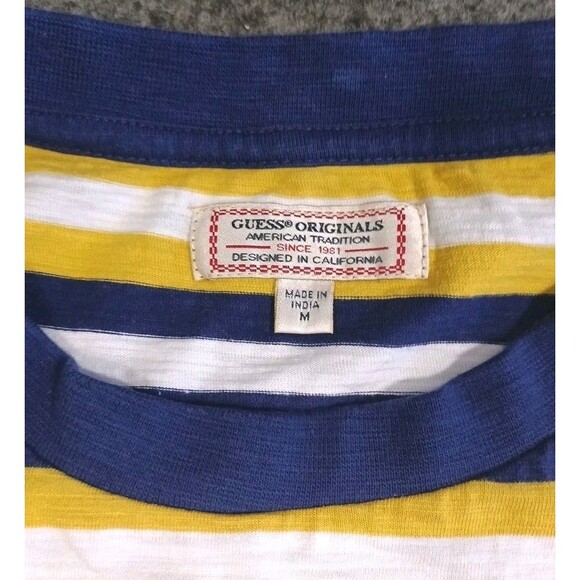 Vintage Guess Originals T-Shirt Striped Embroidery Mens Medium Yellow Blue - Picture 9 of 11